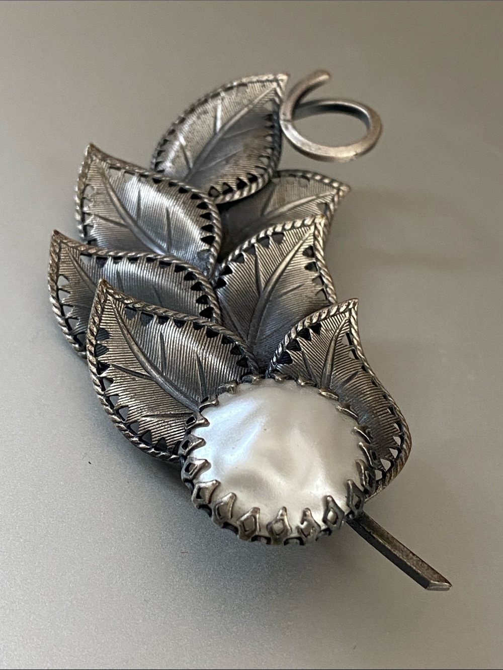 Vintage 30s pot metal Leaf Brooch with baroque faux pearl large accent piece